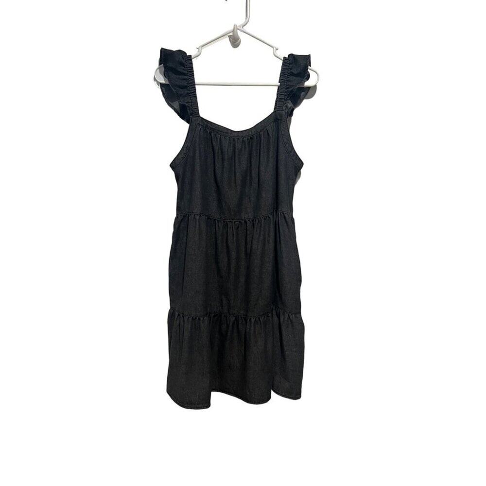 Black Tiered Ruffle Sleeve Mini Denim Dress With Back Tie Closure Medium, NWOT